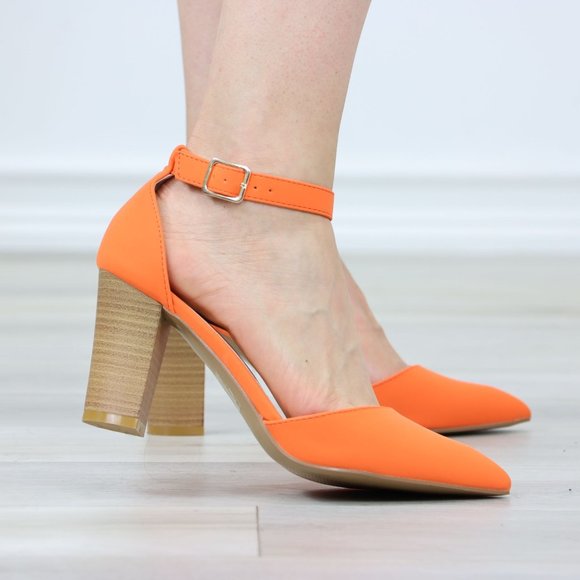 Pointed Toe Block Heel High Heel Stiletto Shoes Orange Nubuck - Picture 5 of 13